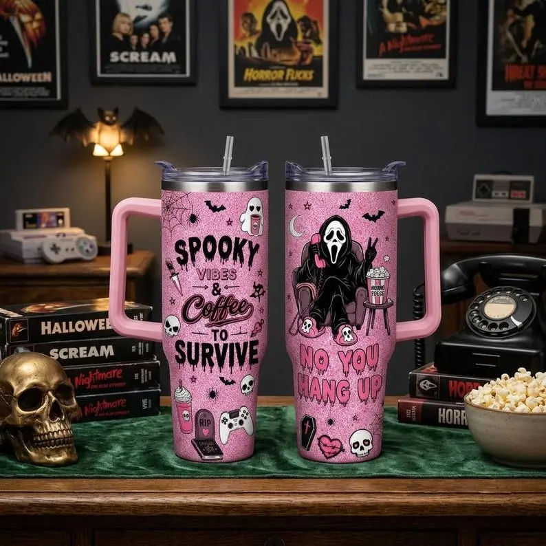 Pink Glitter Horror Movies & Chill Tumbler, Spooky Ghost Movie Lover 40oz Tumbler, Cute Pink Halloween Travel Mug, No You Hang Up Cup