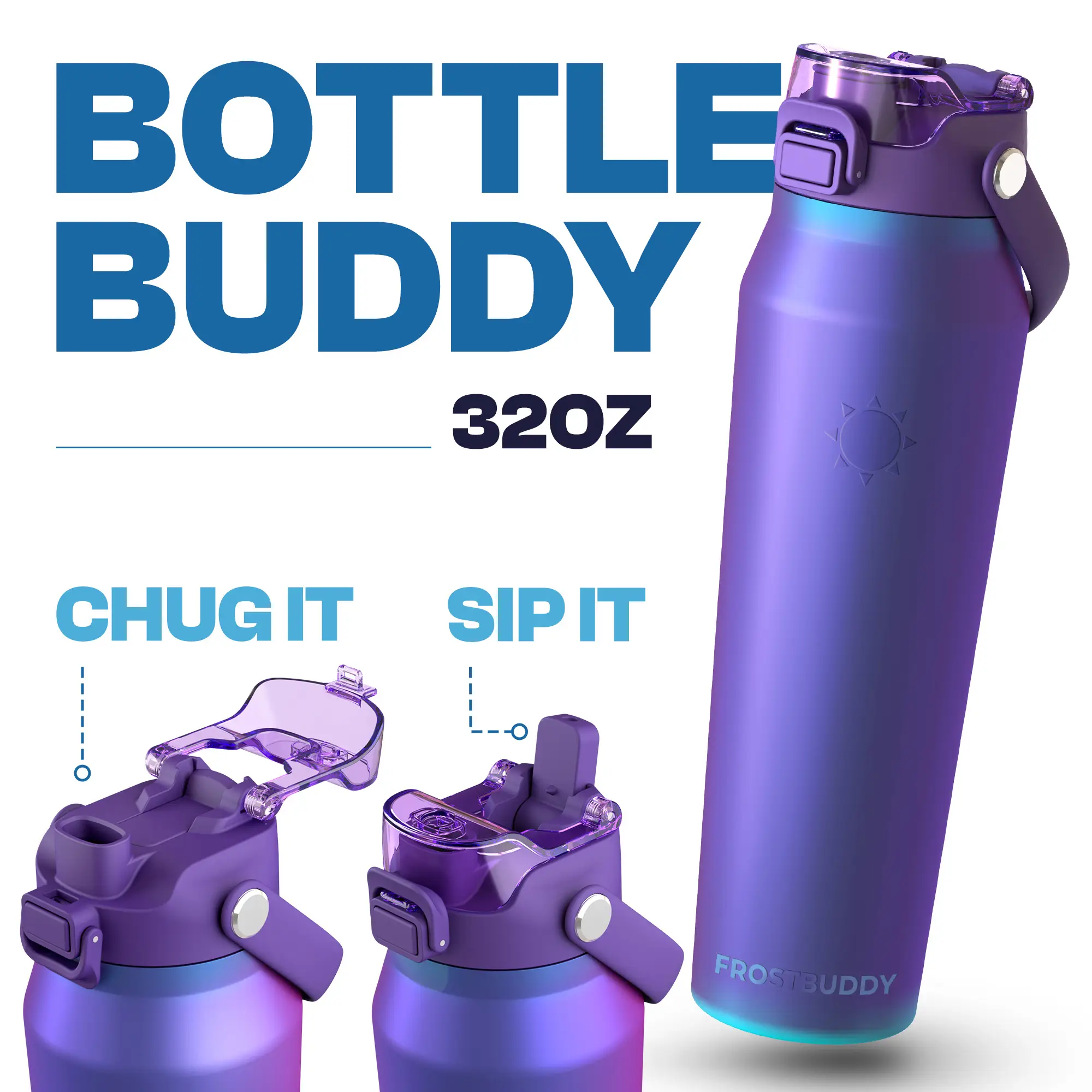 Bottle Buddy | Dual Function lid Water Bottle | Stainless Steel | Double Wall Insulated