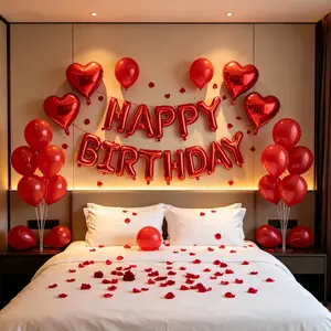 Red Birthday Balloon Set - 1000 Rose Petals, Heart Foil Balloons, Latex Balloons & Banner for Romantic Bedroom Decor, Anniversary, Valentine's Day Party Supplies