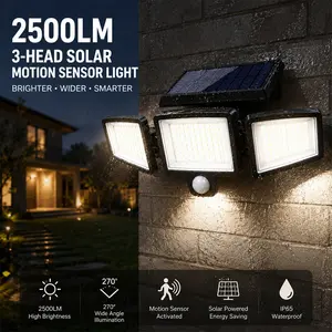 Solar Outdoor Lights 2500LM 210LED Security Lights,3 Heads Dimmable SpotLights with 3 Modes,IP65 Waterproof,Suitable for Yard, Garage, Porch, Pool,Garden,Barn,Patio,Mother's Day gift