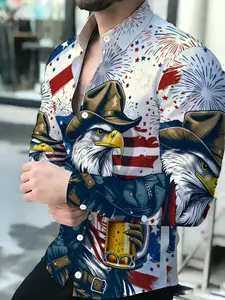 Men's Long Sleeve Shirt Novelty Eagle Beer American Flag Fireworks Print