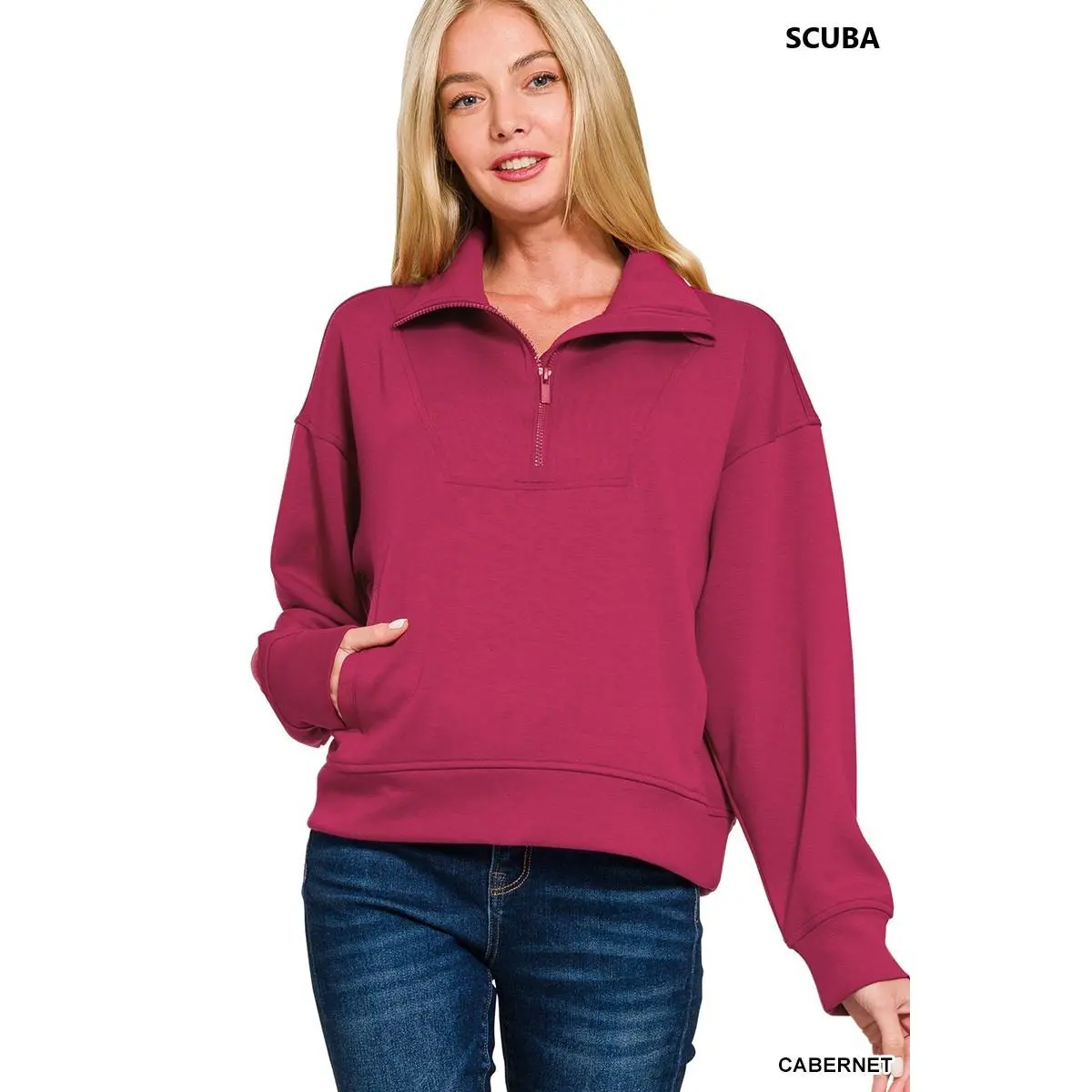 Zenana Scuba Half Zip Sweatshirt with Pockets