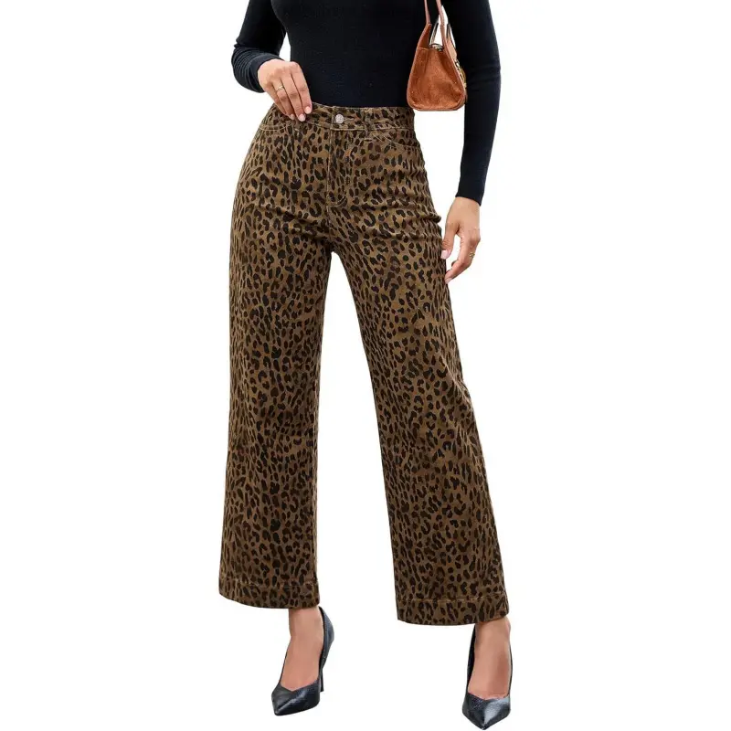 Wide Leg Jeans Woman Trendy High Waisted Leopard Cheetah Print Ankle Length Stretchy Denim Pants with PocketsABahsyxl shop3