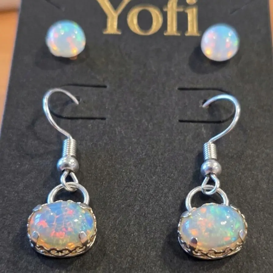 Women's Authenticity Certified Ethiopian Opal Stud Earrings - 2-Pair Natural Gemstone Versatile Earring Stack with Unique Colorful Hues for Daily Fashion Jewelry Enthusiasts