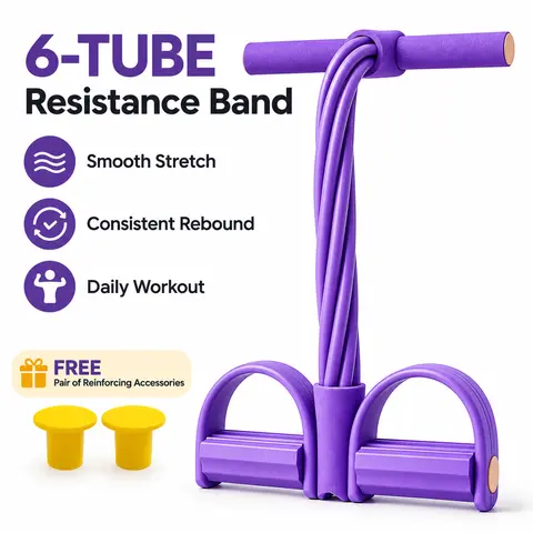 Unisex 6-Tube Pedal Adjustable Grip Strength Resistance Bands, Natural Rubber Eco-Friendly Heavy-Duty Home Exercise Equipment with Non-Slip Gear for Arm Strength Training & Body Slimming, Free Random-Color Jump Rope + 1 Pair of Reinforcement End Caps