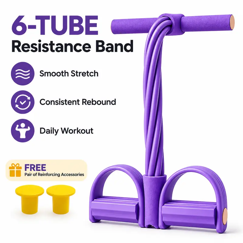 Unisex 6-Tube Pedal Adjustable Grip Strength Resistance Bands, Natural Rubber Eco-Friendly Heavy-Duty Home Exercise Equipment with Non-Slip Gear for Arm Strength Training & Body Slimming, Free Random-Color Jump Rope + 1 Pair of Reinforcement End Caps