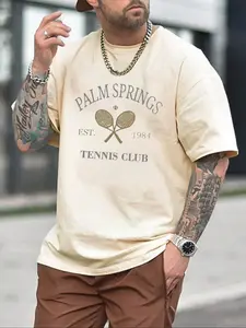 Men's Letter & Tennis Print Round Neck Tee, Regular Fit Casual Short Sleeve Crew Neck T-Shirt for Summer, Fashion Men's Top for Daily Wear, Casual Sportswear