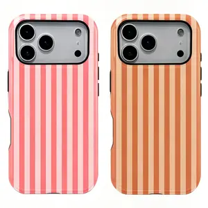 1PC Coral Pink & Orange Striped Print Phone Case, Magsafe Compatible, Rugged Shockproof 2in1 Protective Shell for iPhone 17 16 15 14 13 12 Pro Max, Samsung Galaxy S26 S25 S24 S23 S22 Ultra Series Holiday Gift Minimalist Fashion Case Cover
