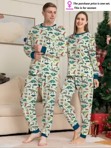 Women's Long Sleeve Pajama Set, Cute Dinosaur Print, Christmas Adult Sleepwear, Fitted Round Neck Top & Pants, All Seasons