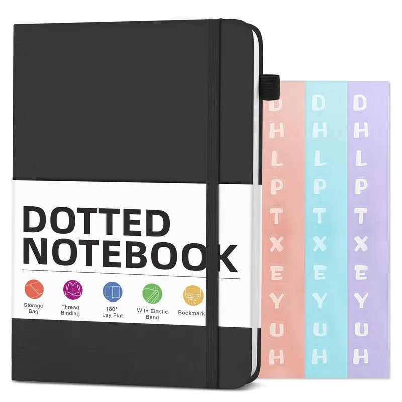 A5 Dotted Journal Bullet Notebooks, 5.7 x 8.3 inches Hardcover Leather Notebook with Pen Loop, 100Gsm Premium Thick Paper with Inner Pocket, Stickers, Black, Gift