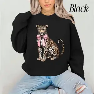 OddPaws - Luna the Leopard With Pink Bow Crewneck Sweatshirt Gildan Everyday Style Super Soft Unisex Fit Streetwear Graphic Top warm Womenswear Casual Printed Long Sleeved