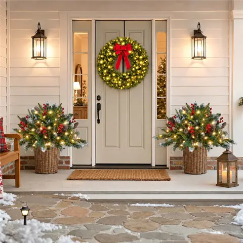 【9 Light Modes】Yaheetech 2Pcs Pre-Lit Outdoor Christmas Trees with Stakes, Remote Control & Timer, Battery Operated Frosted Pathway Trees with 50 LED Lights, Pinecones and Red Berries for Walkway, Porch, Planter and Patio