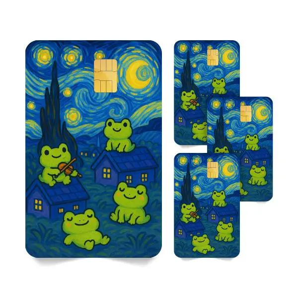 Cute Frogs In Van Gogh Starry Night Credit Card Sticker Cover - Vinyl Laminated Debit Card Skin - Cute Art