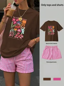 Women's Floral Print Round Neck T-Shirt Set with Striped Shorts, Casual Loose-Fitting for Daily Wear and Outdoor Activities