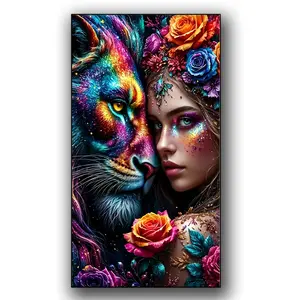 Large Size Vibrant Colorful Lion And Woman Diamond Painting Kits for Adults, DIY 5D Diamond Art Kits,Full Drill Diamond Dots,Diamond Mosaic Crafts kits,Diy Handicrafts,Gem Art and Crafts,Beast and Woman,Home Decor 40x80cm(16x32inch)