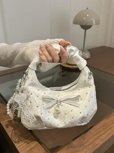 Pure Color Crescent Handbag with Cute Bow Design, Stylish Shoulder Crossbody Bag for Shopping, Versatile Single Shoulder Bag