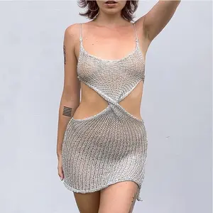 Women's Y2K Aesthetic Metallic Mini Dress Sexy Cut Out Cami Dress Silver Glitter Party Dress Beach Cover Up Serendipity