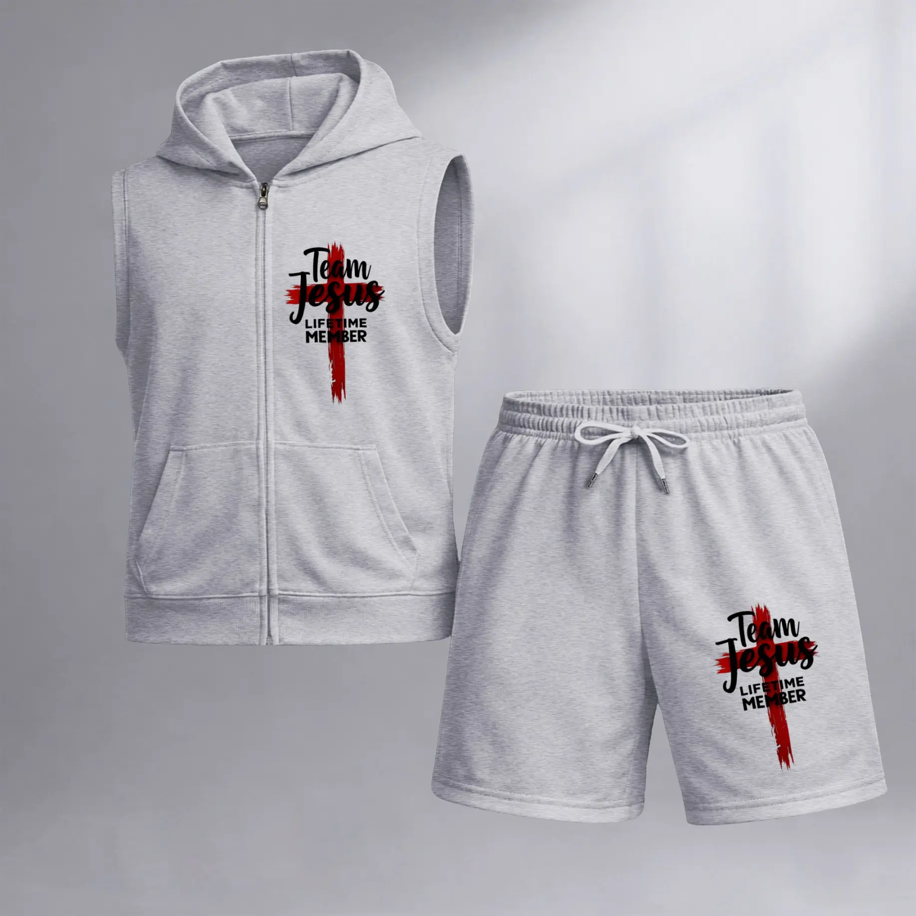 Men's Team Jesus Lifetime Member Graphic Sleeveless Hoodie Shorts Set 2 Piece Outfit Christian Faith Print Zip Up Hooded Vest Drawstring Shorts Summer Casual Gym Workout Streetwear Breathable Lightweight Athletic Lounge Set