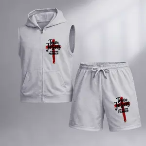 Men's Team Jesus Lifetime Member Graphic Sleeveless Hoodie Shorts Set 2 Piece Outfit Christian Faith Print Zip Up Hooded Vest Drawstring Shorts Summer Casual Gym Workout Streetwear Breathable Lightweight Athletic Lounge Set