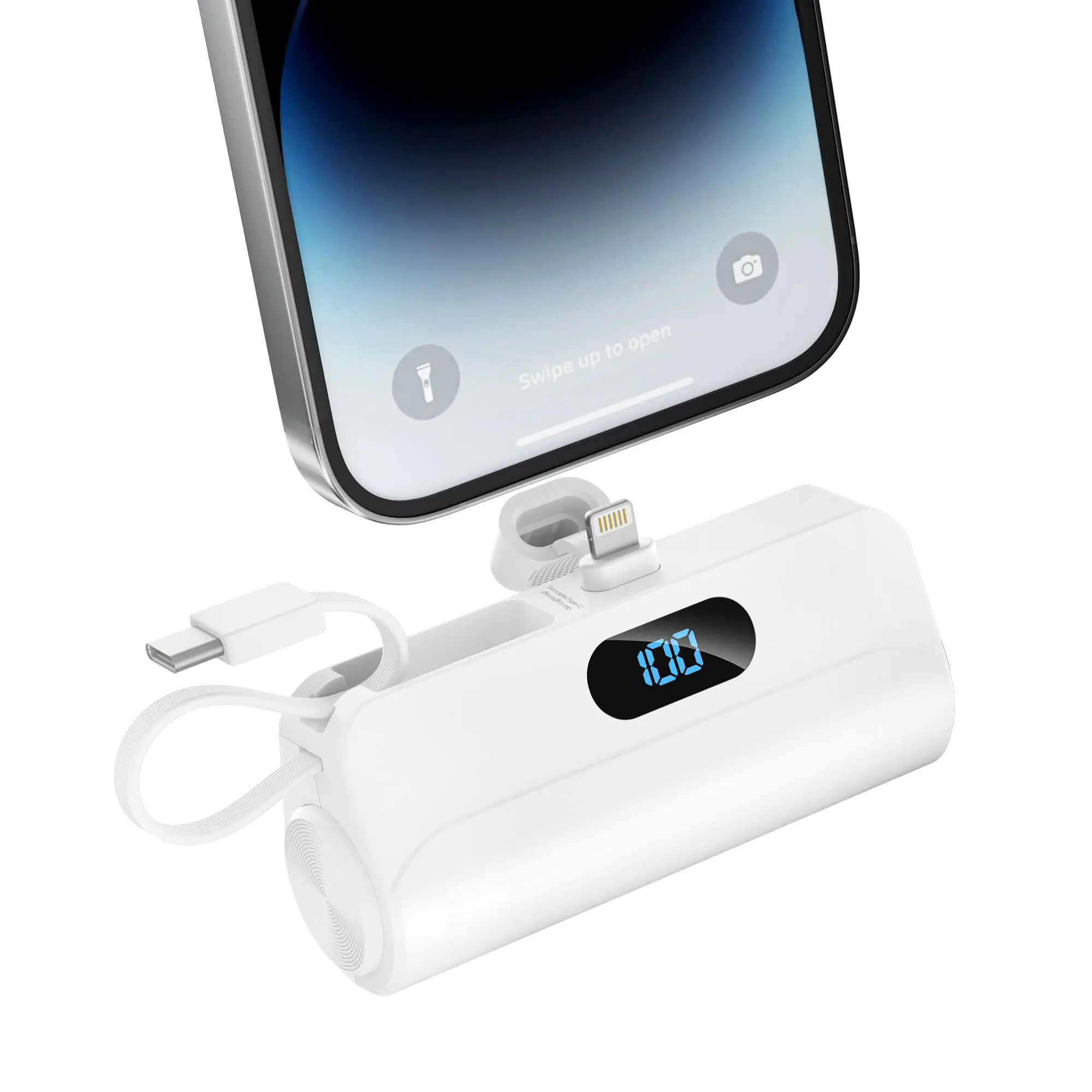 Diamuar 5000mAh Ultra-Compact Mini Mobile Battery Power Bank with Built-in Lightning Port, USB-C Cable, Foldable Stand, LED Digital Display - Travel-Friendly External Battery for iPhone, Android Smartphones (Back to School), Portable Charger