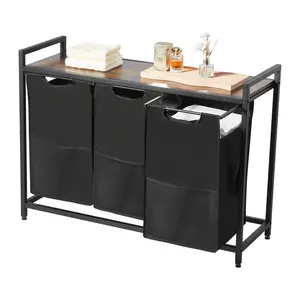 3-Section Laundry Sorter, Large Freestanding Laundry Hampers with Metal Frame, Wooden Tabletop and Pull-Out 600D Oxford Cloth Baskets, Dirty Clothes Storage Organizer for Bathroom, Laundry Basket, Large Laundry Hampers