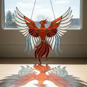 Phoenix Bird Acrylic Suncatcher Window Hanging – Stained Glass Style Fire Bird Décor