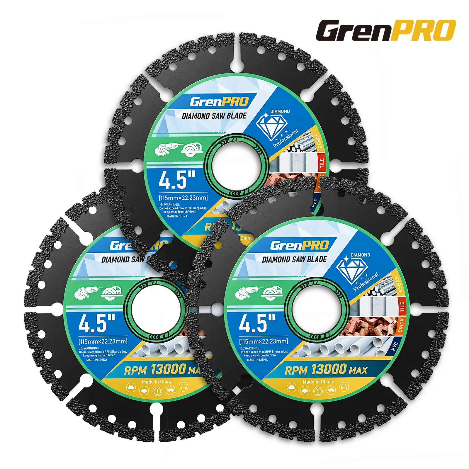 GrenPRO 4.5" 1PCS/3PCS Multi-Material Cutting Blades - Dry Cut Metal, Tile, Stone & Plastic - Angle Grinder Saw Blades for Cast Iron & Marble (115mm) Tool Accessories summervibes outdoorfun