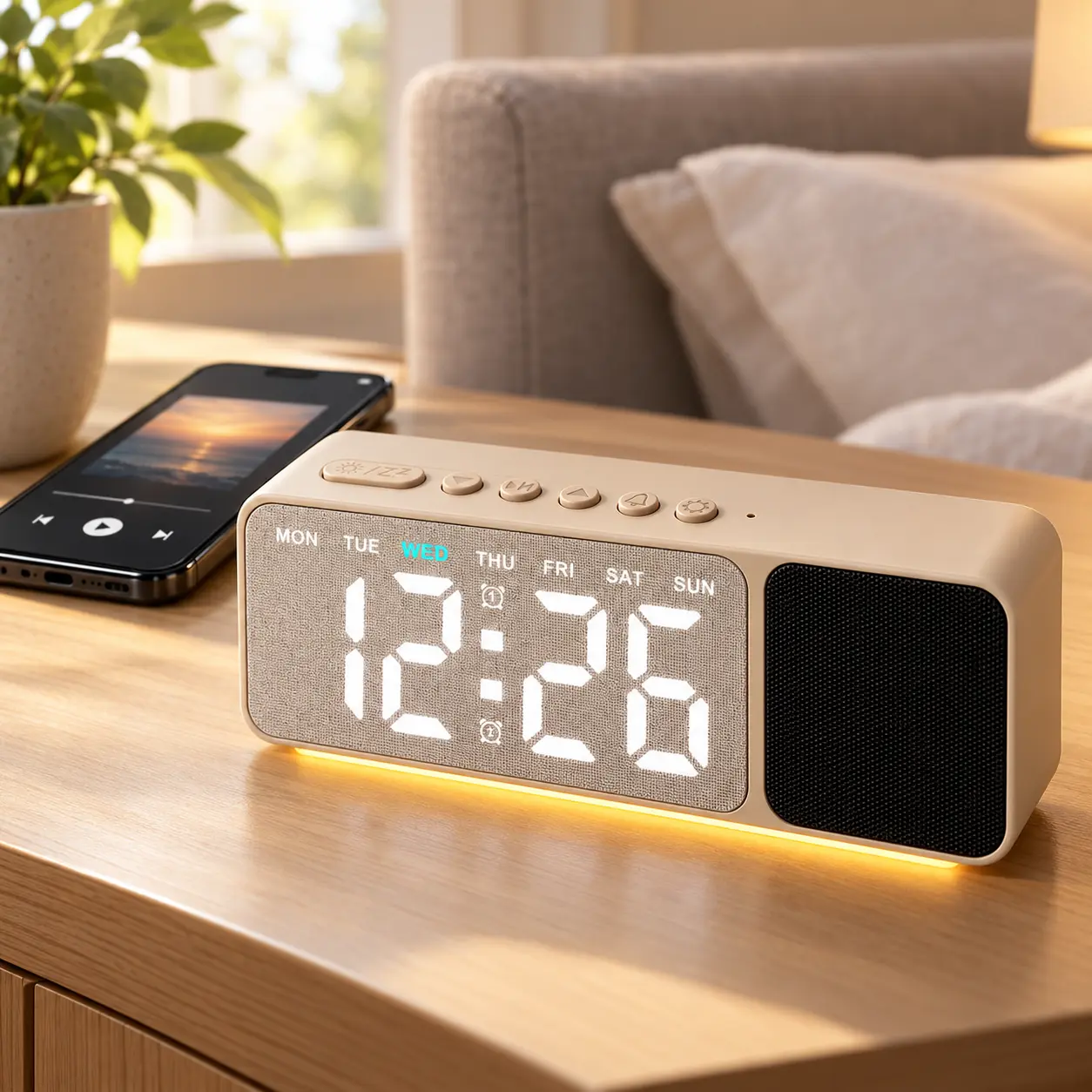 7" Digital Alarm Clock with Bluetooth Speaker, Modern Bedside Desk Clock with RGB Ambient Night Light, 5-Level Dimmer, Dual Alarms, Auto Time Sync, Weekday & Date Display, Compact Sound Machine Aesthetic Clock for Bedroom, Nightstand & Home Office Decor