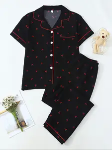 Women's Cherry Print Crop Shirt & Pants Pyjama, Casual Comfy Short Sleeve Collared Top & Trousers PJ Set, Ladies Sleepwear for All Seasons, Sleepwear Pajamas Set, Loungewear, Pajama Set