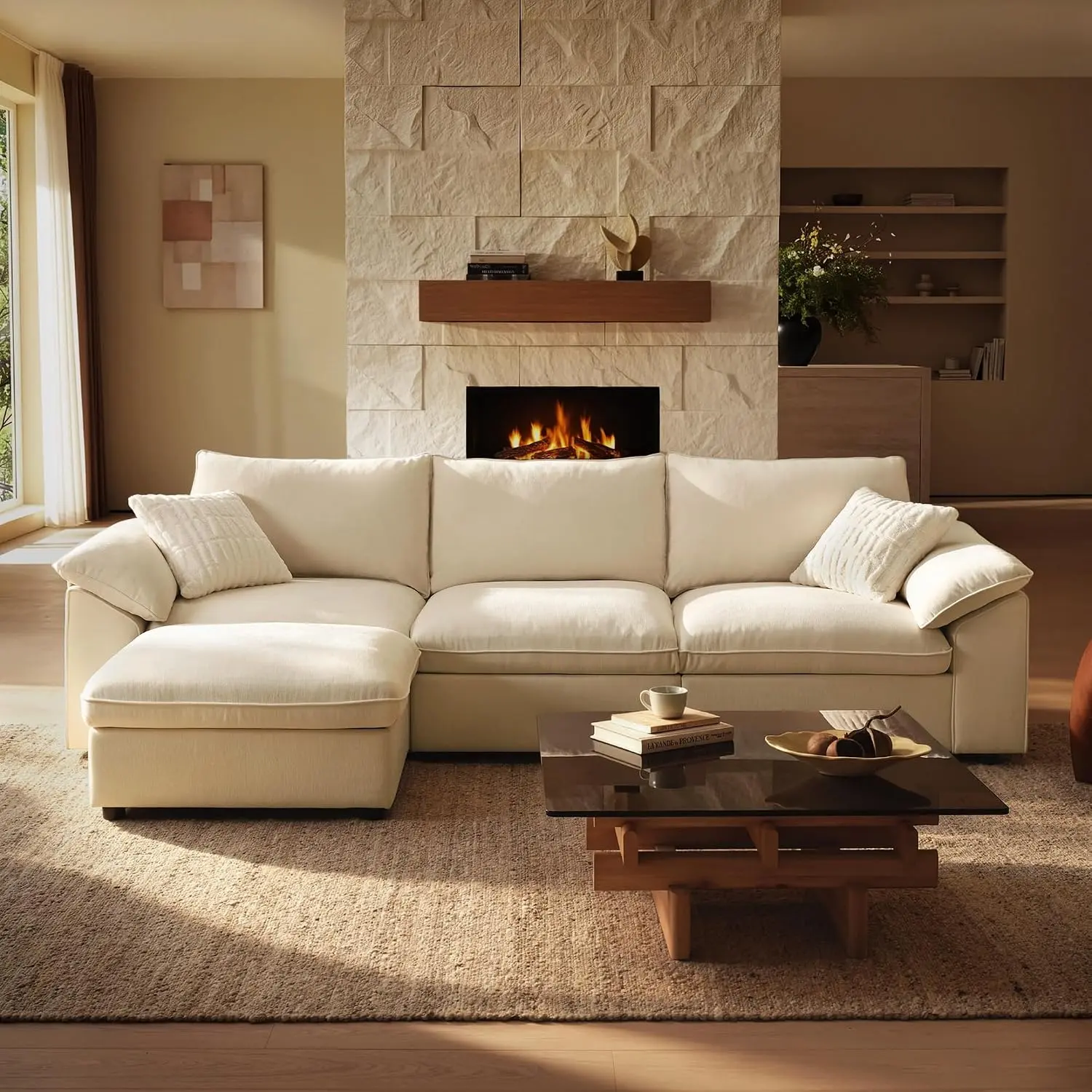 Oeko-TEX Certified 114.1in Modular L-Shaped Sectional Sofa, Down-Filled Cloud Couch with Storage Ottoman & 2 Pillows, 4-Seat Indoor Living Room Furniture, Beige
