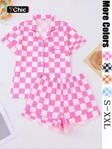 Women's Plaid Print Casual Sleepwear Pajama Set, Short Sleeve Open Front Top & Loose Elastic Shorts, Four Seasons Home Wear