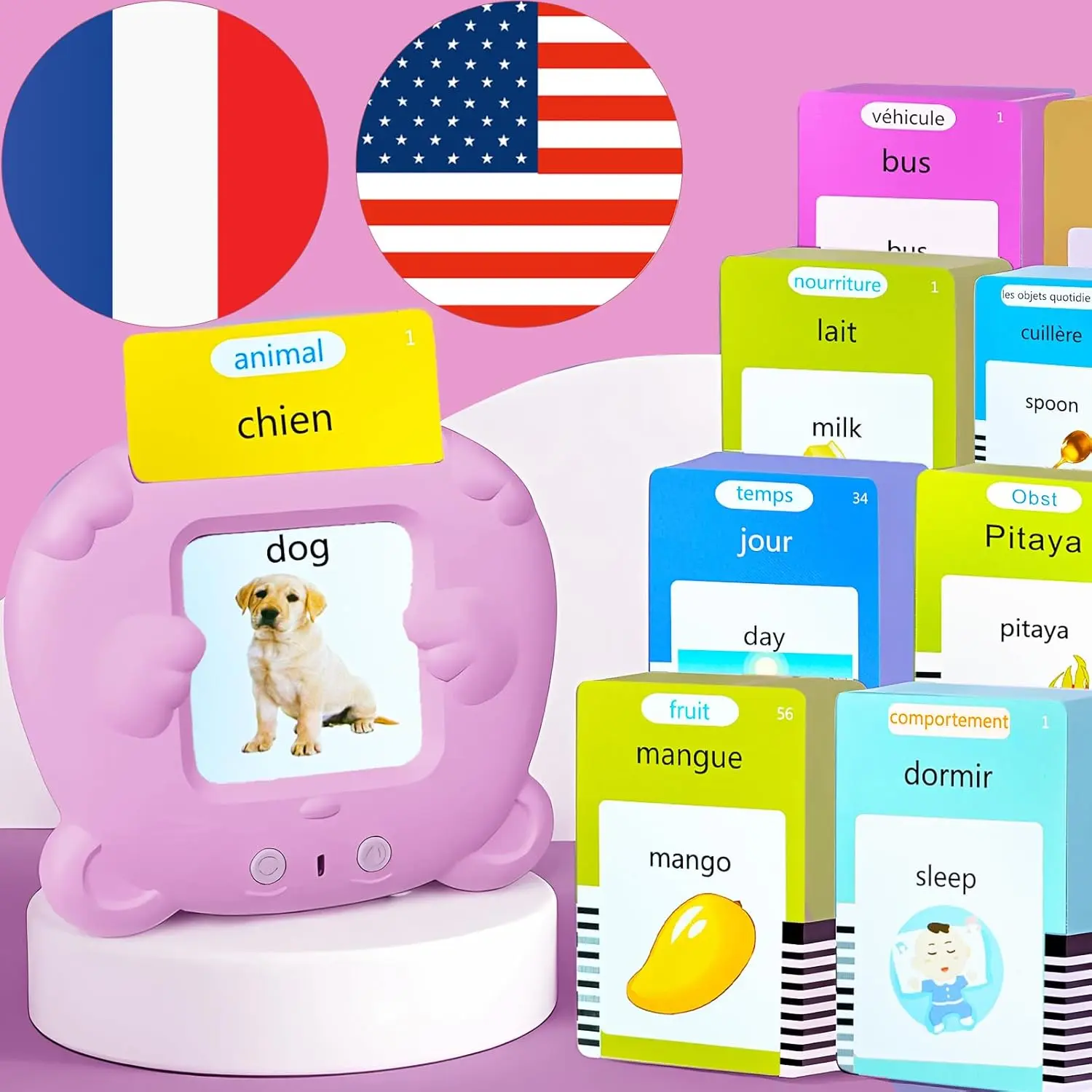 French English Talking Flash Cards Bilingual for Kids - 510 Sight Words in 31 Themes, Pocket Speech for Toddlers Adults, Educational Gifts for Boys Girls, Autism Sensory Toys, Language Learning Tool, Travel Activities Home School Classroom, Pink