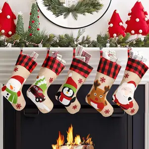 Gold Flower 5-Pack Christmas Stockings – 18'' Santa, Snowman & Gnomes with Buffalo Plaid Cuff