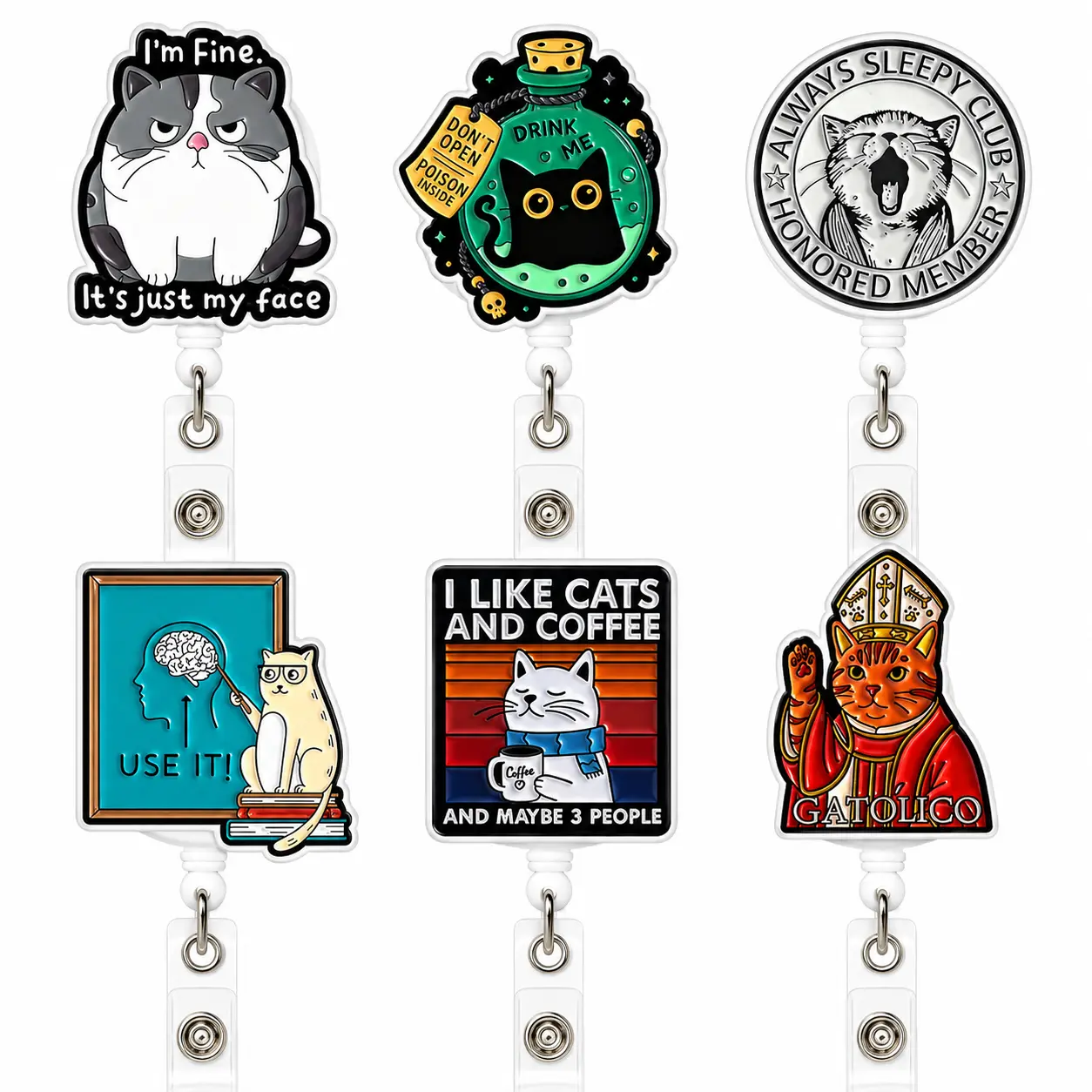 Funny Cat Meme Badge Reel, 2D Acrylic Retractable ID Holder, Aesthetic Cat Lover Name Tag Clip Gift