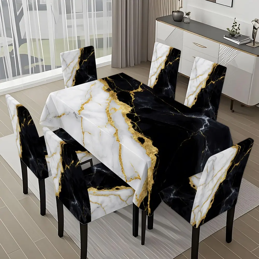 5/7-piece 2D Flat Printing Black White Gold Marble Texture Printing Pattern Tablecloth and Party Chair Covers For Dining Chairs Set, for dining table and chair decoration, perfect for home, holiday gatherings, restaurants, and parties.