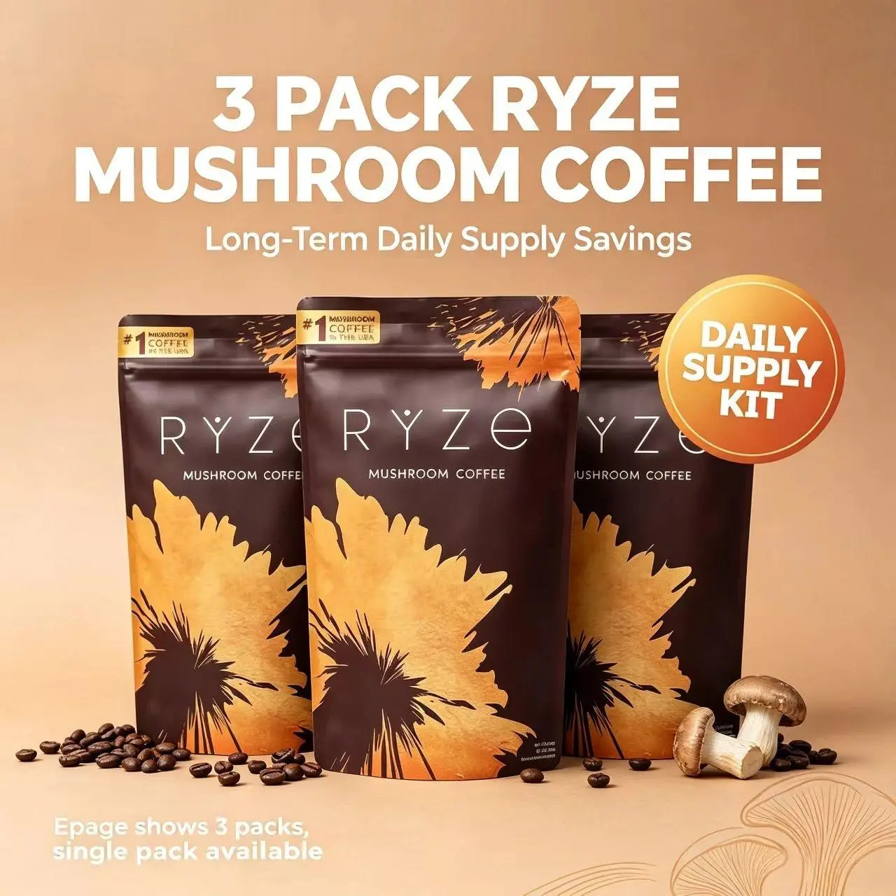 X3 RYZE SUPERFOODS Mushroom Coffee USDA Organic with 6 Adaptogenic Mushrooms and MCT Oil, USA Grown Instant Coffee for Better Energy, Focus, Digestion, Immunity with Lions Mane & Turkey Tail (30 servings)