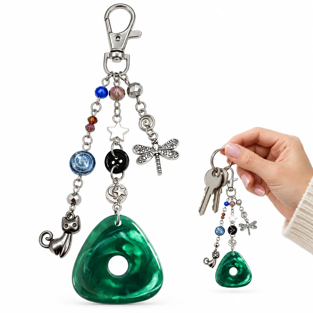 Mystic Green Stone Keychain Charm - Witchy Cat Dragonfly Beaded Purse Charm with Star-Moon Accents, Gothic Celestial Spooky Style Keychain for Backpacks, Keys, Whimsical Gifts, Purse Charms