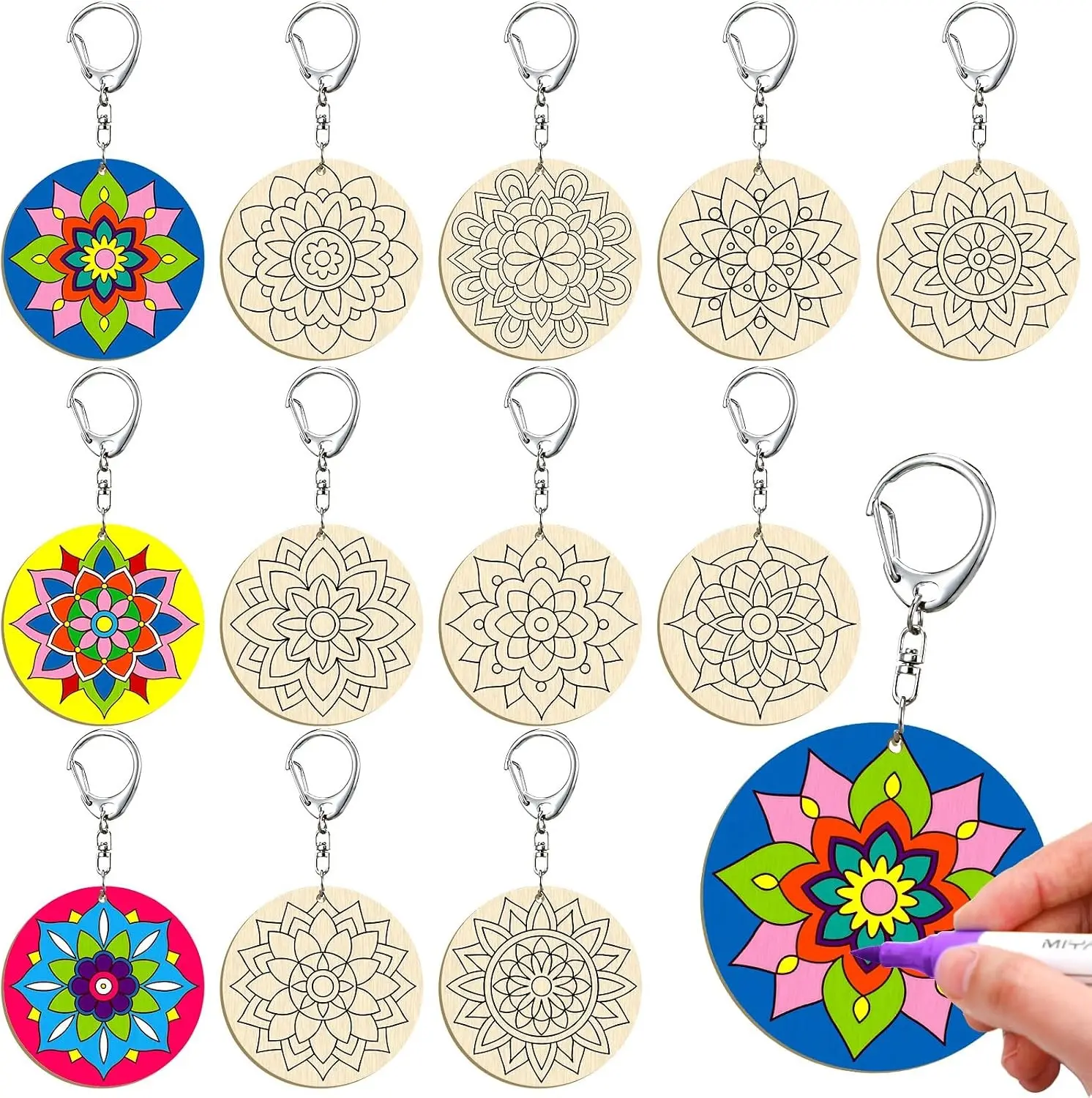 24 Pcs 12 Styles Mandala DIY Craft Color Your Own Blank Wooden Keychains for Sunday School Classroom Home Party Favors Gifts