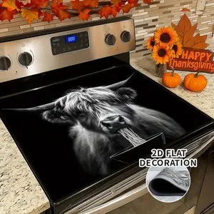 2D Thanksgiving Classic Pattern Integrated Replacement Stove Decoration Cover - High Altitude Cow Portrait Design, Induction Cooker Protection Pad, Stove Plate, Extra Tabletop Space, Scratch resistant and Heat resistant, Diatom Mud Oven Pad