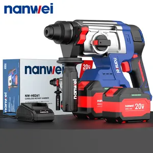 NANWEI Turning hole range H8261 4-14MM SDS-Plus Rotary HammerDrill, 4 Functions in One Knob, Safety Clutch, 6 Speeds, 6200BPM /1050RPM, Fit for Concrete,Wood, Steel、drilling, hammer ,chiseling, adjustment Includes drill bit and 2 batteries, etc.
