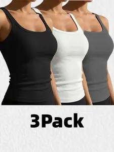 Women's 3-Piece Sleeveless Crop Top Set, Soft Round Neck Slim Fit Casual Wear, Athletic Fashion Activewear, Yoga Tops, Gym Daily Wear, Perfect for Daily & Layering