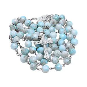 Spiritual Blue Beads Necklace with Crucifix for Prayer Baptisms Communion Gift