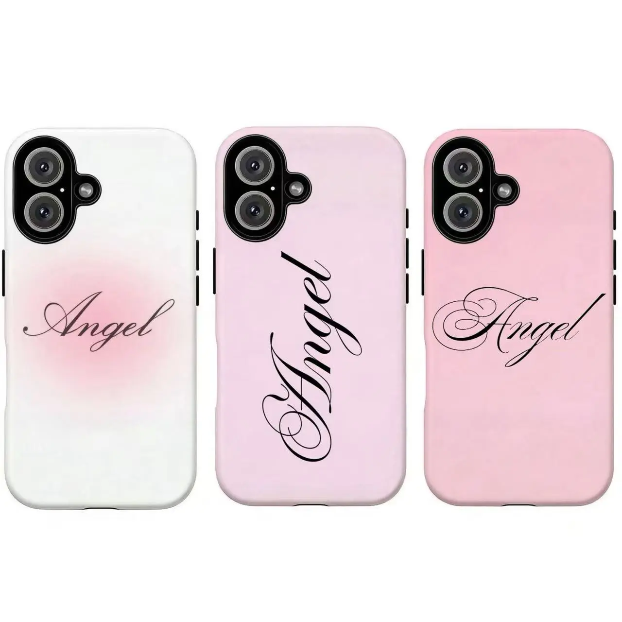 Soft Pink & White "Angel" Text Phone Case|Minimalist "Angel" Girly Phone Case|Soft Pink Aesthetic with Black Cursive Text Protective Cover For iPhone 17 Pro Max 16 15 14 13 12 11 for Samsung S21 S22 S23 S24 S25 S26 Phone Case|Gift For Her/Girl
