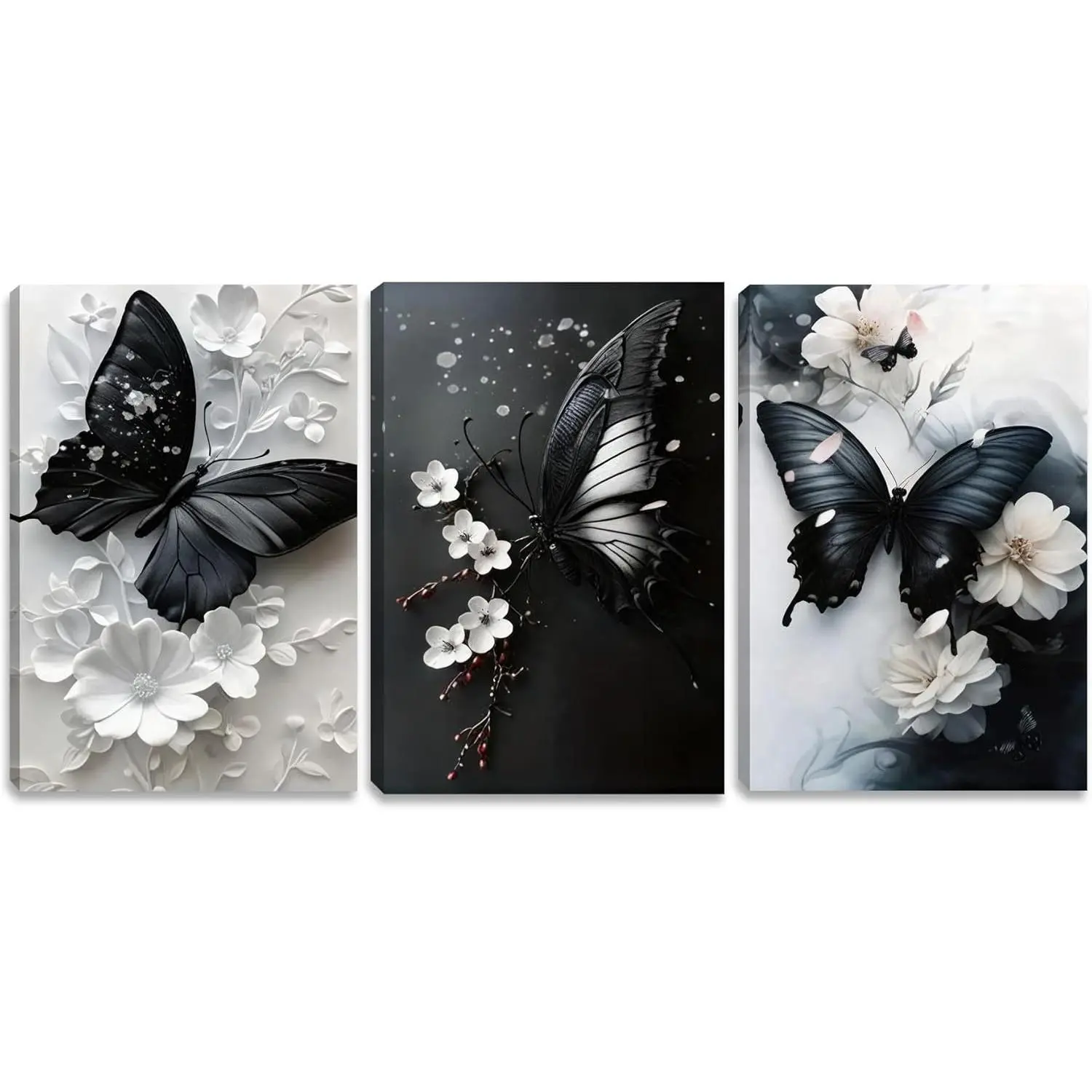 3-piece 2D framed black and white butterfly canvas wall art, floral painting poster print, butterfly-themed wall decoration picture, suitable for living room, bathroom, bedroom, home wall decoration, 12x16inch