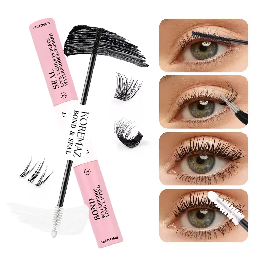 KOREMAZ 2 in 1 Bond & Seal Eyelash Adhesive, Black Waterproof Gentle Lightweight Strong Hold Glue for Individual Cluster Lashes, DIY Eyelash Extensions Beauty Product for Self Application (Suitable for Swimming, Workouts)