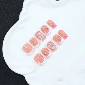10 handmade Y2K style nail tips, reusable, 3D, embossed, carved, pink and nude colors, with French nail tip elements, suitable for parties, daily wear, giving to ladies, great gifts, shiny nail presses, including tool kit, Handmade Nails