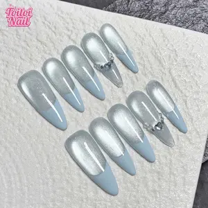 Ice Blue Tip Handmade Press-On Nails, Medium Almond Shape, 10pcs, Ice Blue Design, Ice Blue Cat Eye Base, Light Blue French Tip, Heart Rhinestone Accent, Elegant Rhinestone Decorated, Reusable DIY Nail Kit for Women, Trendy Nails for Spring, Summer