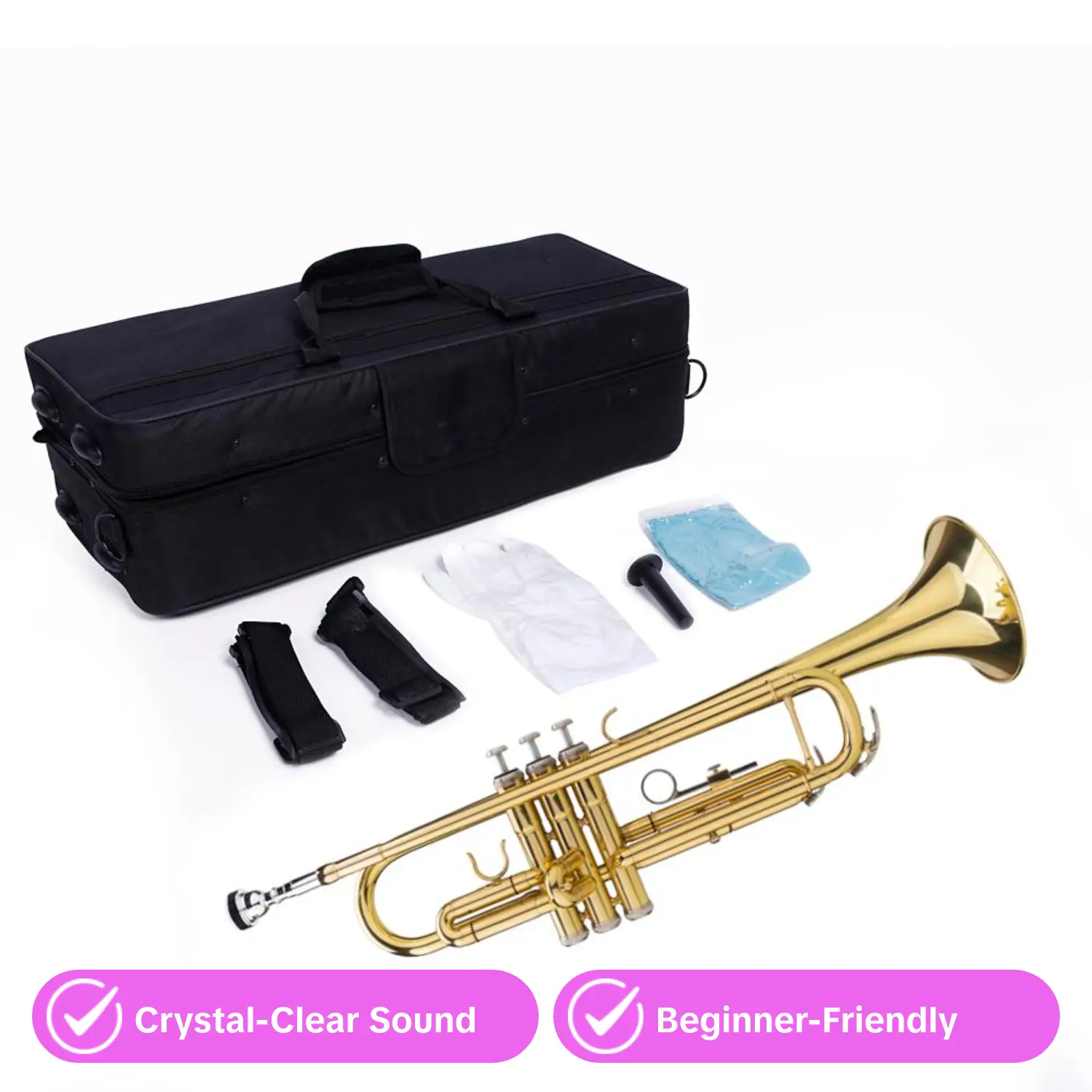 High Quality Plain Golden Drop B-Flat Copper Trumpet Gloves Set, Tone-Adjustable Brass Wind Instrument Accessories (Toys & Hobbies, Bellmouth Diameter: 4.88"/12.4 cm)