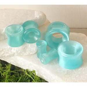 PAIR of Unique Teal Cat Eye Double Flare Stone Tunnels /Plugs - Gauges 2g (6mm) up to 5/8" (16mm)