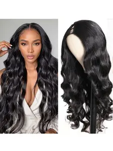 Women's Glueless Clip-in V-shaped Wig - Natural Black Human Hair Half Wig, 180% Density Voluminous Water Wave Texture Hairpiece, V-shaped parting design, adds volume, no glue required, instantly creates a stylish hairstyle.